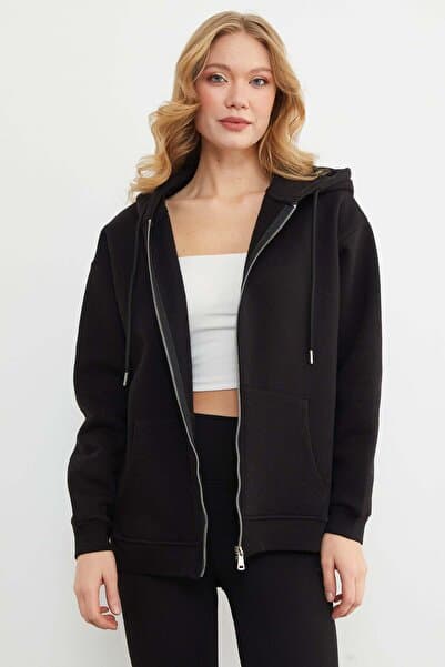 Fullamoda Basic Fermuarlı Kapüşonlu Oversize Sweatshirt
