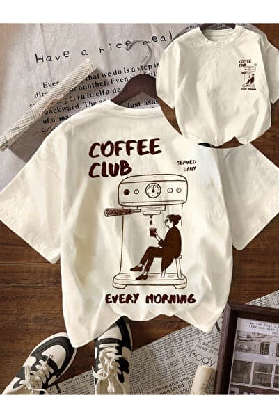 one button Unisex Coffee Club Çift Taraf Baskılı Basic Bisiklet Yaka Regular T-shirt %100 Pamuk