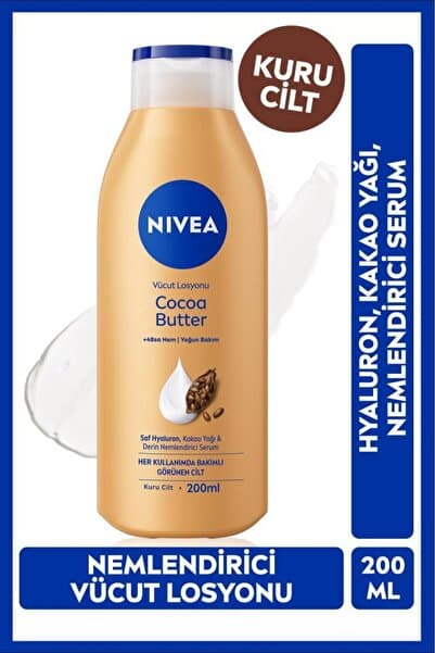 NIVEA Nemlendirici Vücut Losyonu Cocoa Butter 200 ml,Kakao Yağı,Hyaluron,Kuru Cilt