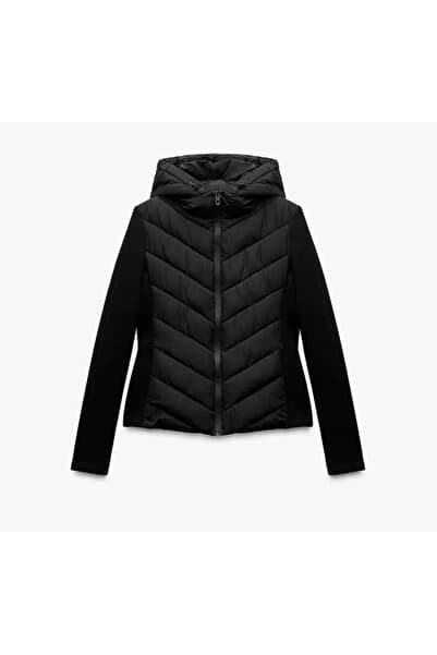 FEMİNEER.com Siyah Kapüşonlu Şişme Mont Kışlık Slim Fit Rüzgar Geçirmez Fermuarlı Kadın Mont