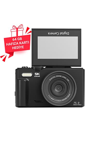 W1 5K 75MP 18X Zoom Flaşlı 3” Flip Ekranlı Türkçe 64GB Kart Dijital Vlog Fotoğraf Makinesi