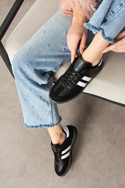 eformoda by emre yılmaz Siyah Beyaz Unisex Kadın Erkek Şeritli Rahat Taban Günlük Sneaker Spor Ayakkabı