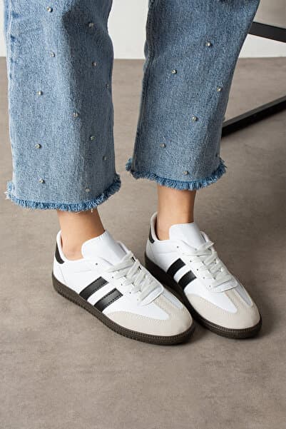 eformoda by emre yılmaz Beyaz Siyah Unisex Kadın Erkek Şeritli Rahat Taban Günlük Sneaker Spor Ayakkabı