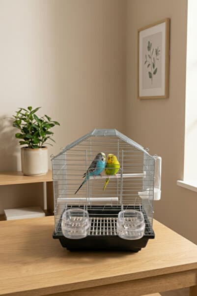 BAMBU PETSHOP Çift Kapılı Orta Boy Hediyeli Kafes Seti - Muhabbet Kuşu ve Kanarya İçin