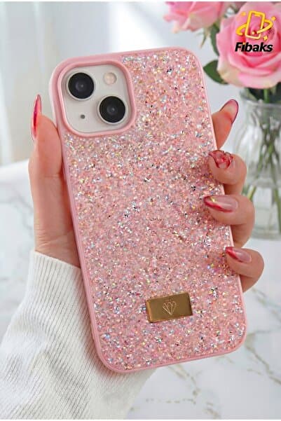 Fibaks iPhone 13/14/15 Kılıf Içi Kadife Elmas Tasarımlı Pembe Taşlı Işıltılı Pırlanta Silikon