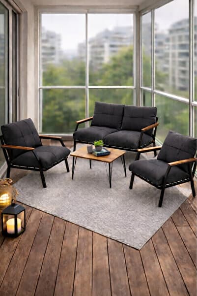 UFUK HOME Bahçe Mobilyası 2 1 1 Miray Bahçe Takımı Metal Sehpalı Balkon Takımı Çay Seti Nn211