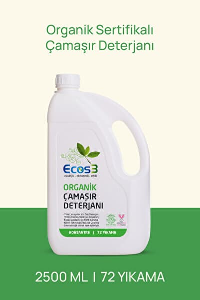 Ecos3 Organik Çamaşır Deterjanı, Vegan Sertifikalı, Ekolojik, Extra Konsantre, 72 Yıkama, 2.5 Lt