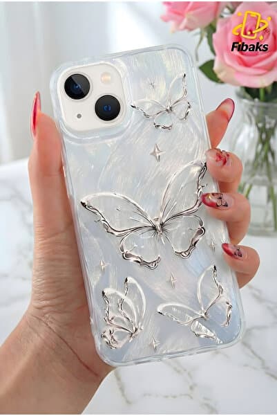 Fibaks iPhone 13/14/15 Kılıf Tüylü Hologram Kelebek Desenli Darbe Emici Kamera Korumalı Silikon