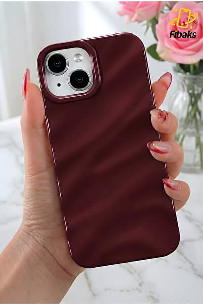 Fibaks iPhone 13/14/15 Kılıf Parlak Kabartmalı Dalga Tasarımlı Desenli Mürdüm Darbe Emici