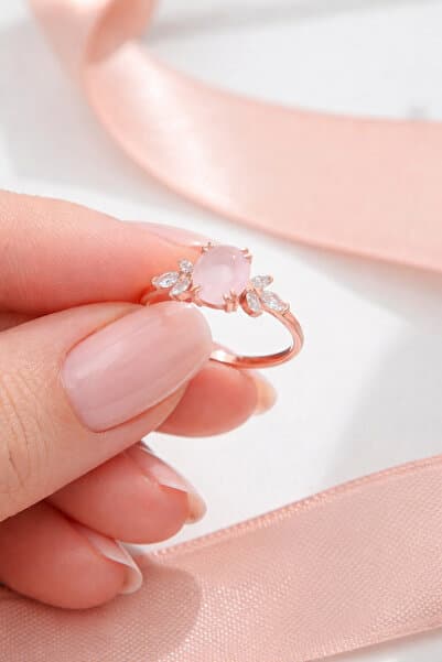Siset Gümüş 925 Ayar Oval Pembe Kuvars Taşlı Sertifikalı Gümüş Yüzük
