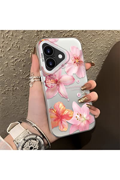 ucuc iPhone 16 Uyumlu Çiçek Desenli Mat Parlak Yüzey Darbe Koruma Renkli Gümüş Kılıfı