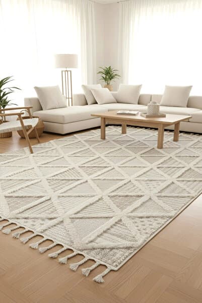 Krem Bej Bukleli Dokuma Halı Antre Yolluk Çocuk Odası Oturma Odası Salon Mutfak Halısı