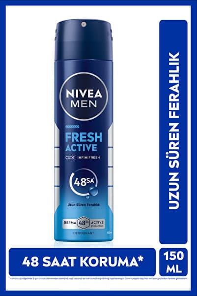 NIVEA MEN Erkek Sprey Deodorant Fresh Active 150ml, Ter Kokusuna Karşı 48 Saat Koruma, Aluminyum İçermez