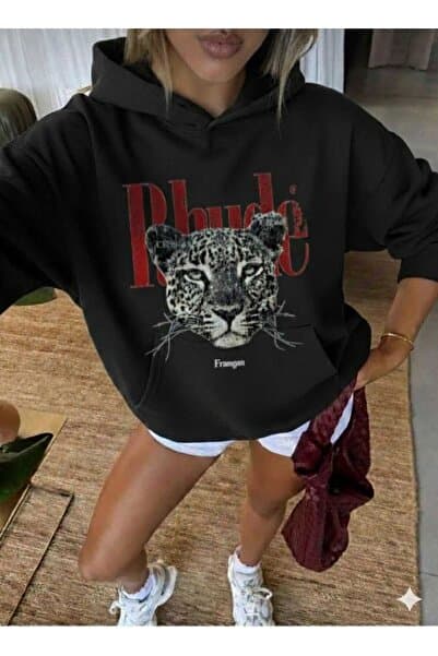 Framgan Unısex Kadın LEOPAR Özel Baskılı Oversize Pamuklu Kapüşonlu Sweatshirt