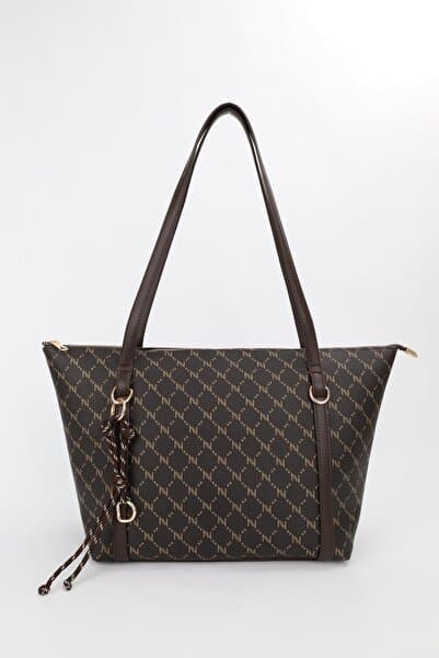 NOTHING Kadın Monogram Kahve Halka Charm Detaylı Fermuarlı Omuz Çantası En42 Boy27 Sofia