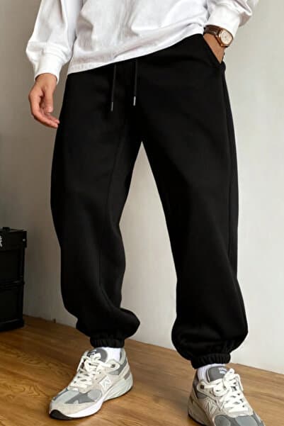 THE RULE Yazlık Rahat Kesim Beli Bağcıklı Mevsimlik Jogger Siyah Spor 3 İplik Eşofman Altı RF0649