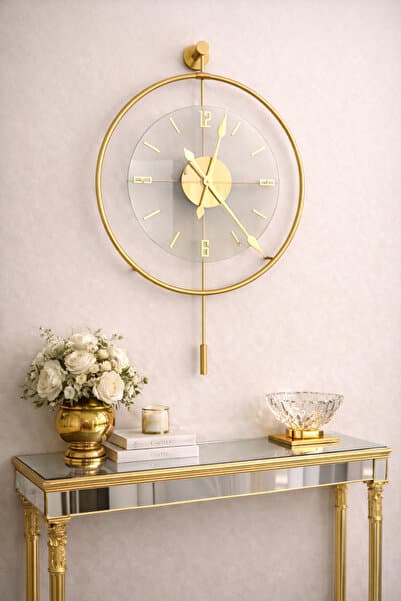 Gold Luxry - Kırılmaz Tamper Cam - Metal Çember , Modern Dekoratif Metal Duvar Saati
