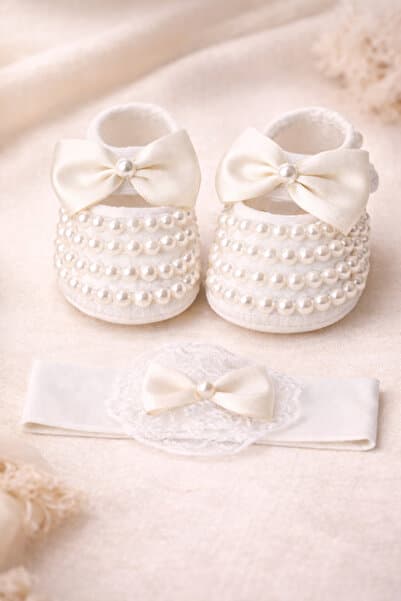 sarishco Kız Bebek Fiyonk Detaylı Parlak Incili Ayakkabı Patik - Saç Bandı Set Bebek Hediyelik (10 cm)
