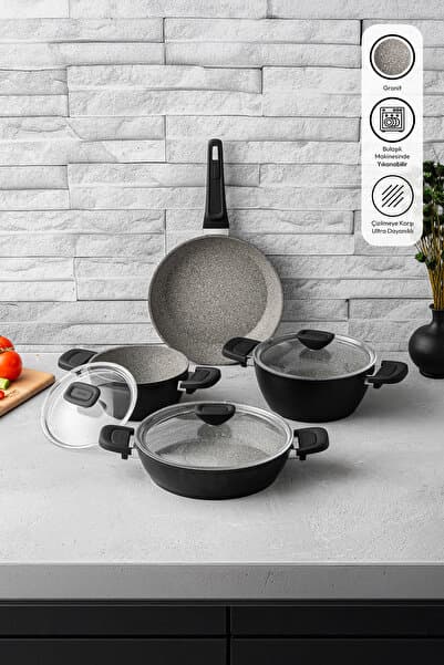Biogranit Black 7 Parça Yanmaz Yapışmaz Tencere ve Tava Seti