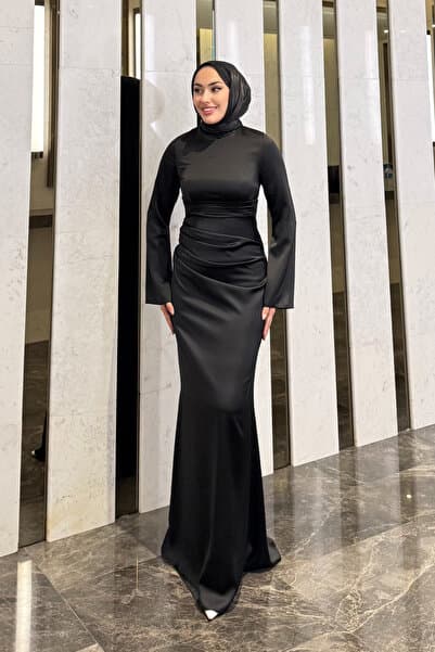 Tarzım Tuba Eftal Zara Saten Kumaş Drapeli Siyah Tesettür Abiye Elbise