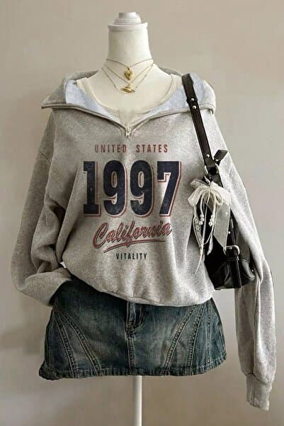 Elvino Unisex Yarım Fermuar Dik Yaka Gri 1997 Baskılı Oversize Gri Kışlık Sweatshirt