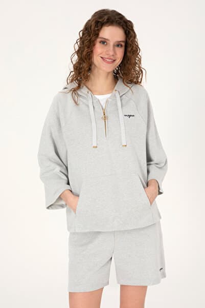 U.S. Polo Assn. Kadın Gri Melanj Kapüşonlu Yarım Fermuarlı Basic Sweatshirt 50319959-VR086