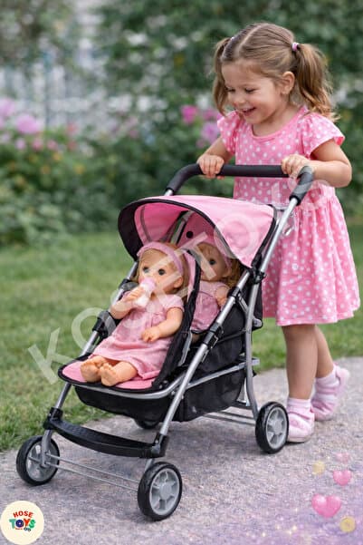 kosetoys Oyuncak bebek arabası tenteli gölgelikli iki bebek kapasiteli metal yüksek kaliteli malzeme