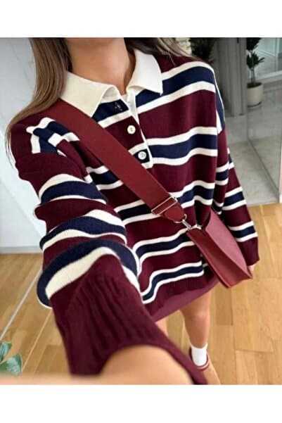 Gülce moda Kadın Kazak Düğmeli Polo Yaka Çizgili Oversize Triko Kazak