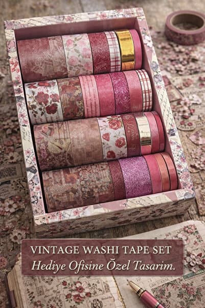 hediyeofisi Hediye Ofisi 24’lü Pembe Vintage Washi Bant Seti | Bullet Journal & Scrapbook