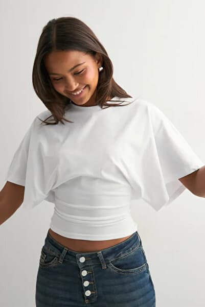 Bele Oturan Geniş Kollu Doğal Viskon Bluz