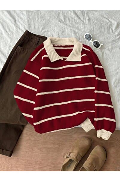 Dier Moda Ekru Bordo Selanik Örgü Polo Yaka Oversize Triko Kazak, Kadın Kazak
