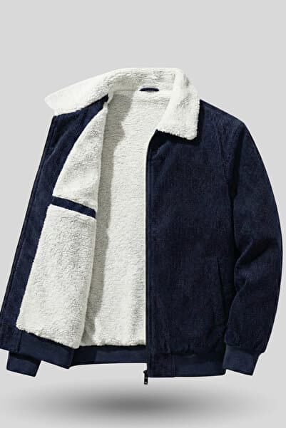 GENIUS STORE Erkek Kadife Mont Peluş Astarlı Tam Fermuarlı Gömlek Yaka Spor Mont