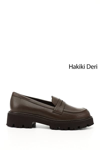 GÖNDERİ(R) Kadın Kahve Antik Kalın Topuklu Hakiki Deri Loafer Ayakkabı