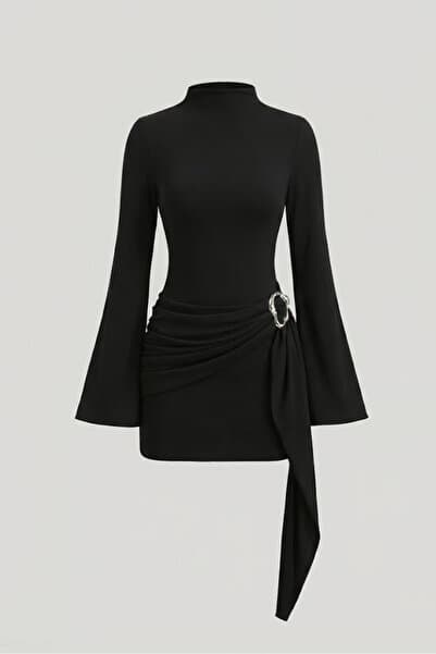 World Fashion Trends Siyah Kadın Dik Yaka Toka Detaylı Kuşaklı Toparlayıcı Kalıp Mini Elbise