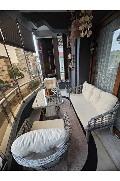 Tu Tienda KARTEPE GALVANİZ BORU 2 1 1 SEHPA(60*90) RATTAN BAHÇE BALKON TAKIMI,GRİ RATTAN/KREM KUMAŞ