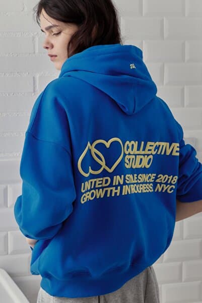 Pull & Bear Mavi kalp desenli kapüşonlu sweatshirt