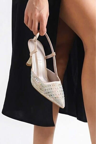 BİR-SEN SHOES oria altın saten taşlı arkası açık topuklu abiye stiletto 7.5 cm