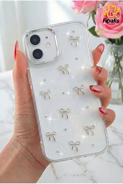 Fibaks iPhone 11 Kılıf Fiyonk Desenli Şeffaf Simli Gümüş Kamera Çıkıntılı Parlak Kapak