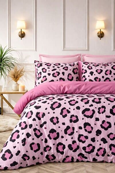 Always Çarşafı Lastikli Çift Taraflı Çift Kişilik Nevresim Takımı Leopar Pembe