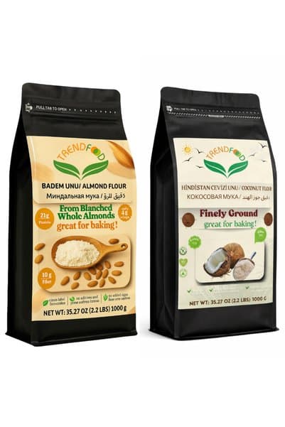 TREND FOOD Glutensiz Un Paketi | 1 Kg Badem Unu 1 Kg Hindistan Cevizi Unu | Keto, Diyet Dostu, Lifli