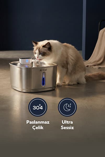 AI Cat Hydra Metal Kablosuz Sensörlü Akıllı Kedi Köpek Su Pınarı - Su Kabı - Paslanmaz Çelik & 60 Gün Şarj