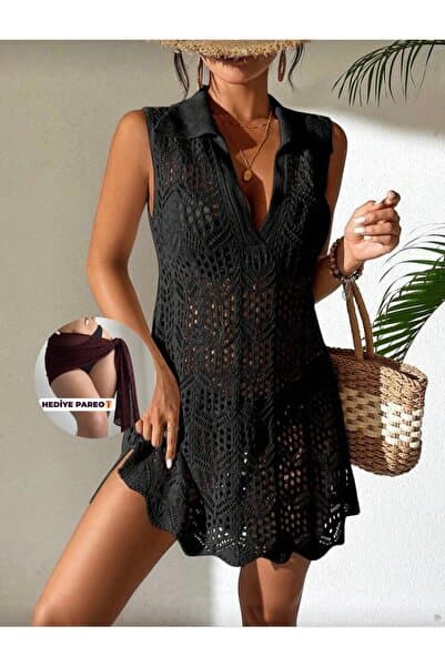 moda mh Ajurlu Desen Gömlek Yaka Kolsuz Düğmeli Model Bikini Üstü Rahat Kalıp Triko Plaj Elbisesi
