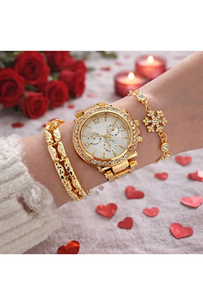 Gold Renk Metal Kordon Kadın Kol Saati Ve Kombin Bileklik Seti
