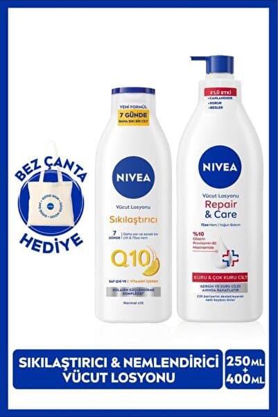 NIVEA Q10 Sıkılaştırıcı Vücut Losyonu 250ml ve Repair Care Nemlendirici Losyon 400ml, Kuru Cilt, Çantalı