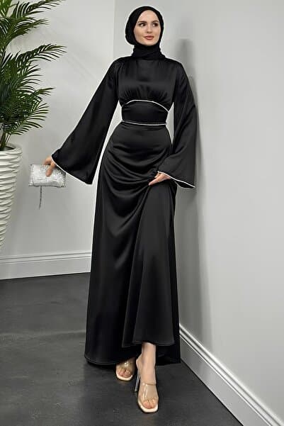 Aysan Moda Vlasi Kolu Ve Beli Taşlı Saten Abiye Siyah