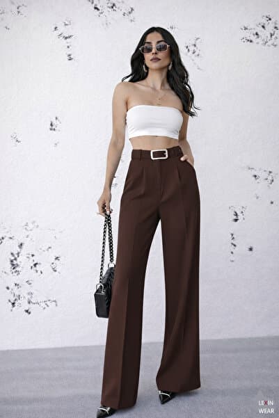 LEXİNWEAR Kadın Palazzo Pileli Kemerli Pantolon DoubleFace İthal Kumaş Yüksek Kaliteli Ürün Yüksek Bel