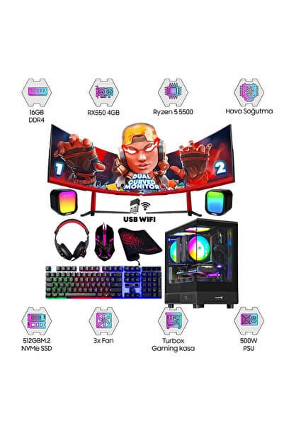 TURBOX Tx4010 Ryzen 5 5500 16GB DDR4 512GB NVMe 4GB RX550 GDDR5 23.6 75Hz DUAL Curved Oem Paket