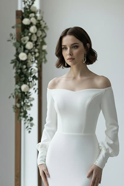 ENDAMIM Kayık Yaka Balık Elbise Uzun Kollu Balon Kol Astarlı Fermuarlı Düğün Nikah Abiye