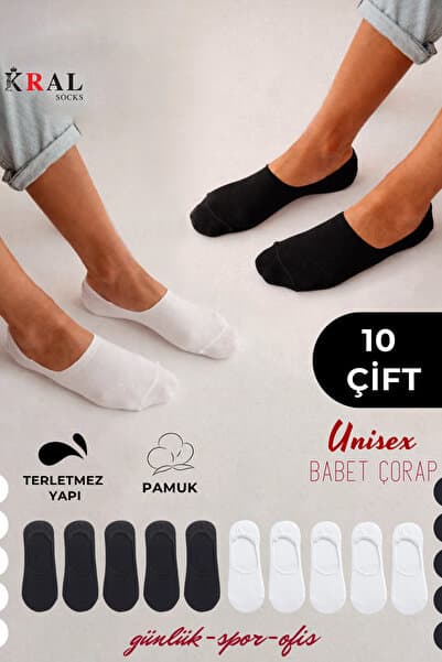 KRAL SOCKS 10 Çift Unisex Pamuklu Düz Desen Terletmez Babet Çorap