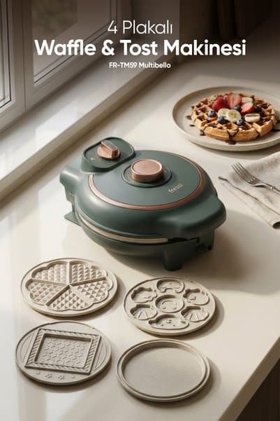 Fressi Tost Ve Waffle Makinesi | Çıkarabilir Yapışmaz Plakalı | 4 Ayrı Plaka | FR-TM59 Multibello Yeşil